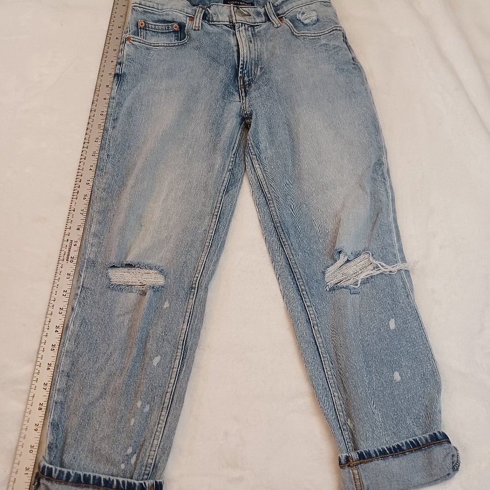 Lucky Brand Jeans Women’s 0/25 Relaxed Taper Faded Torn Knees Lt.Blue High Rise